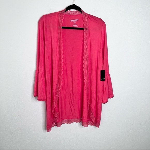Torrid Cardigan Women 1X 14 16 Cover up Coral Pink Soft Knit Lace Trim Top HH - Picture 4 of 10